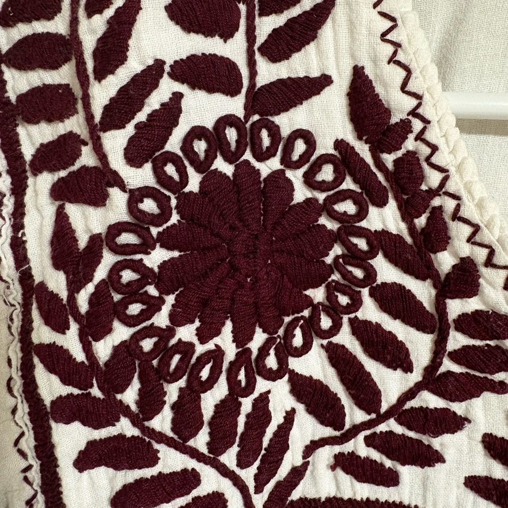 Embroidered White Peasant Blouse with Burgundy Accents - Picture 5 of 7